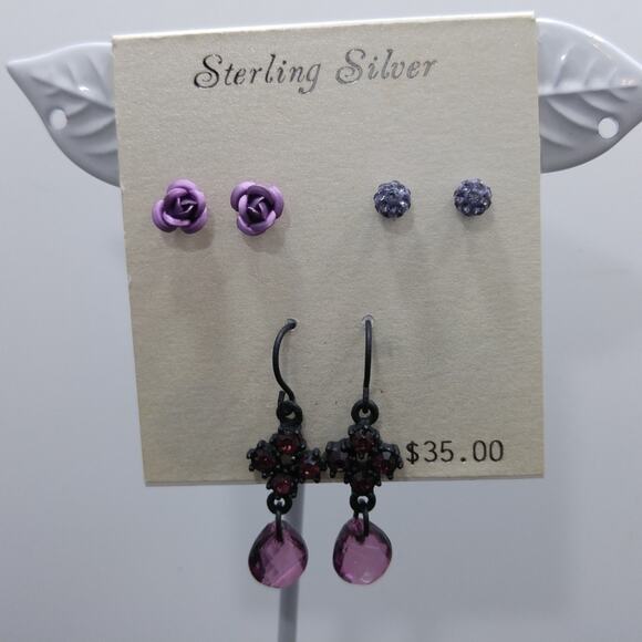 Sterling Silver Purple Earrings Set 3 Pairs Stud & Dangle New on Card - Picture 7 of 7